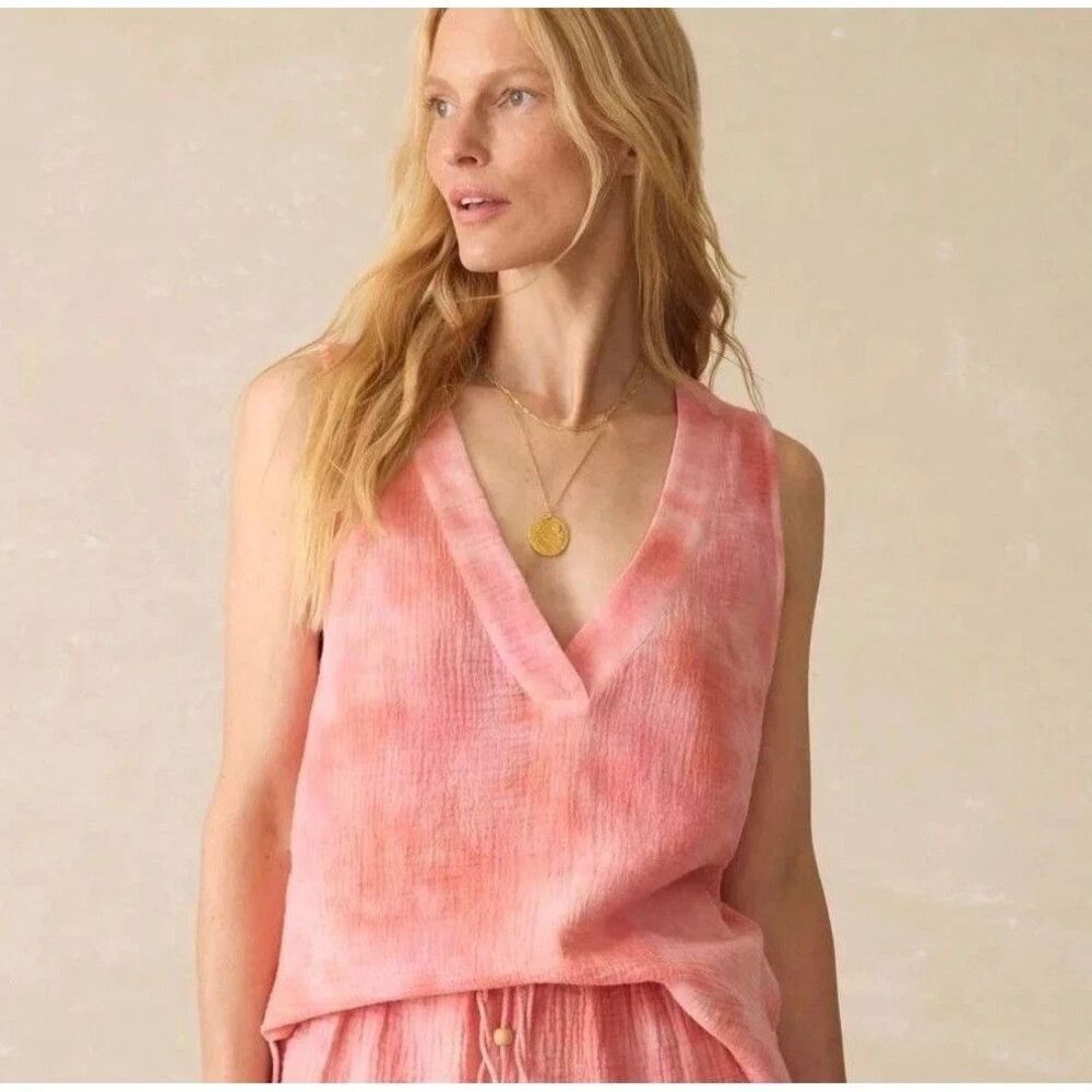 Faherty Womens Dune Cotton Gauze Pink Dyed V-Neck Top Size XL Organic NWT